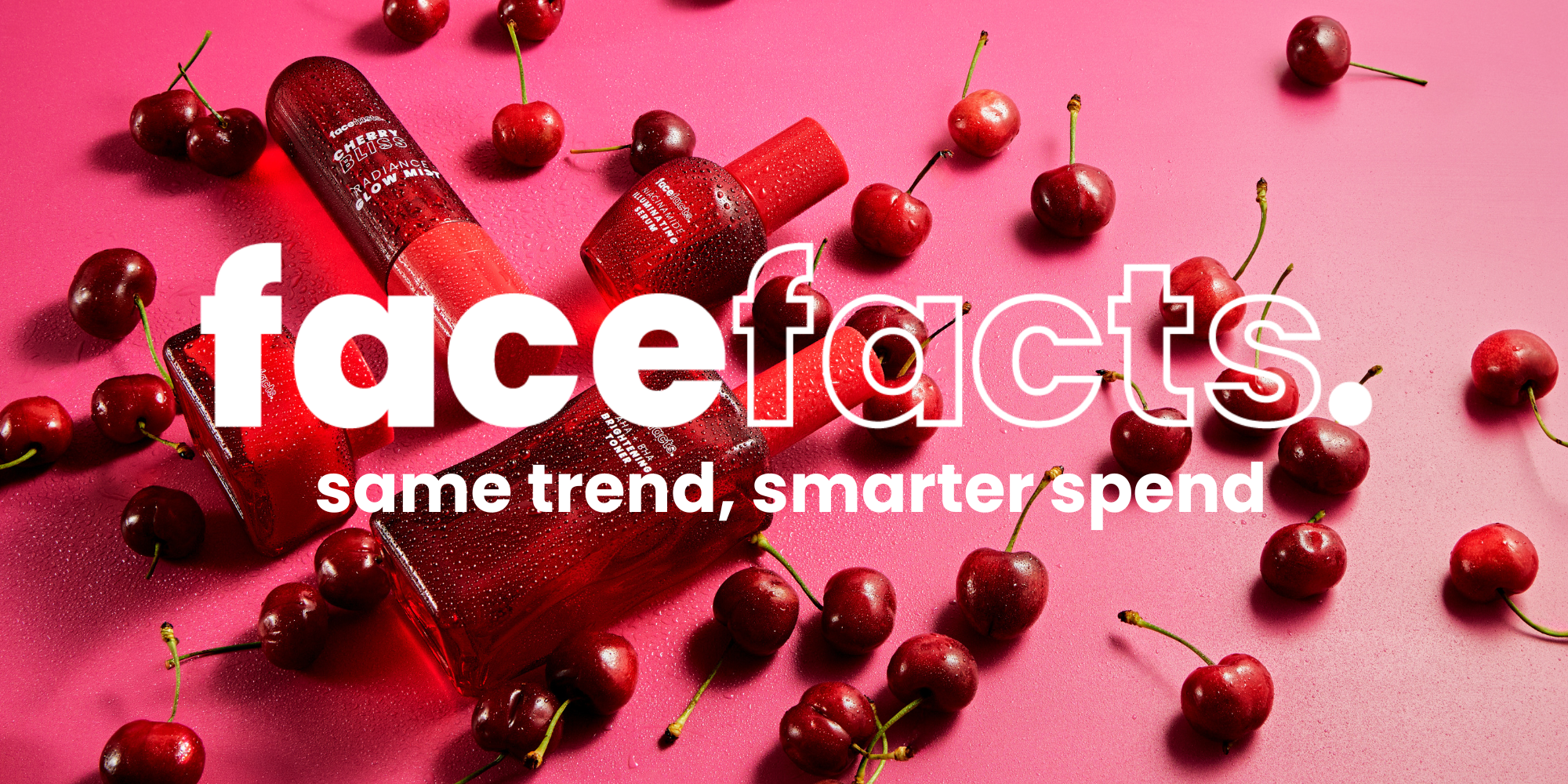 Several cherries and red skincare products on a pink surface with water droplets. The text overlay reads: "facebook facts. same trend, smarter spend."