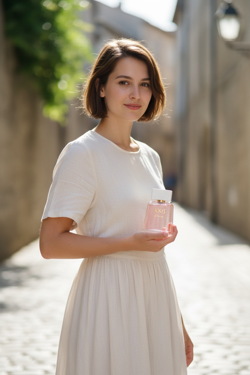 Young woman with shoulder-length brown hair holding a pink perfume bottle, standing outdoors on a sunny day.