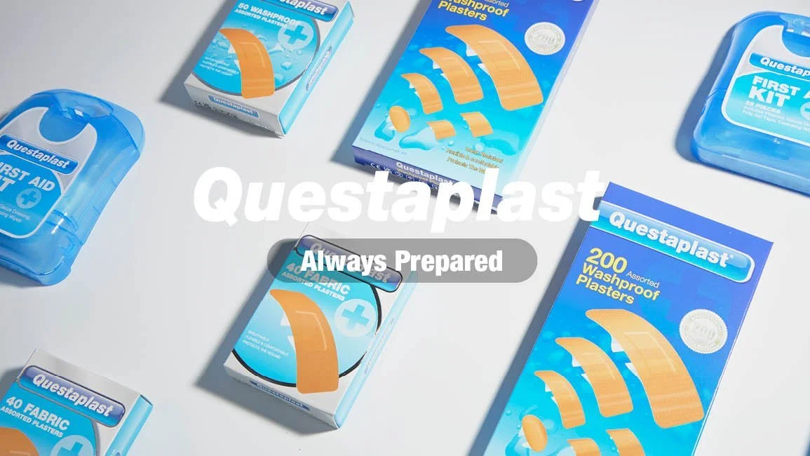 Various Questaplast washproof plasters, including small boxes, blister packs, and a large package with 200 assorted plasters, displayed on a white surface.