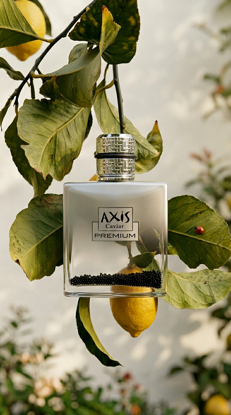 A perfume bottle labeled 'AXIS Caviar PREMIUM' hanging from a lemon tree among green leaves, with a ripe lemon and a ladybug on a leaf nearby.