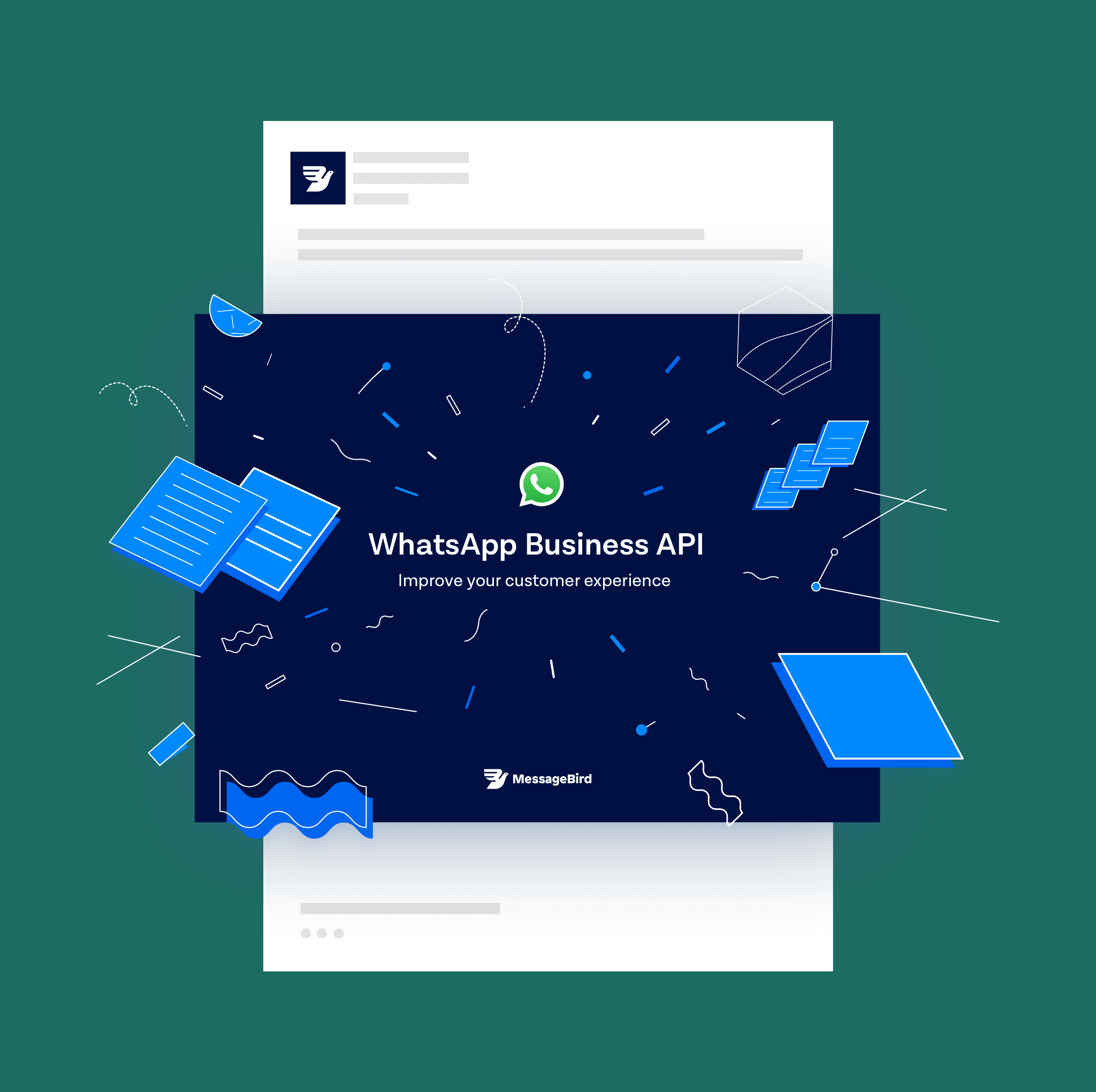 A digital illustration promoting WhatsApp Business API with the MessageBird logo, featuring a dark background with blue and white design elements, documents, and icons