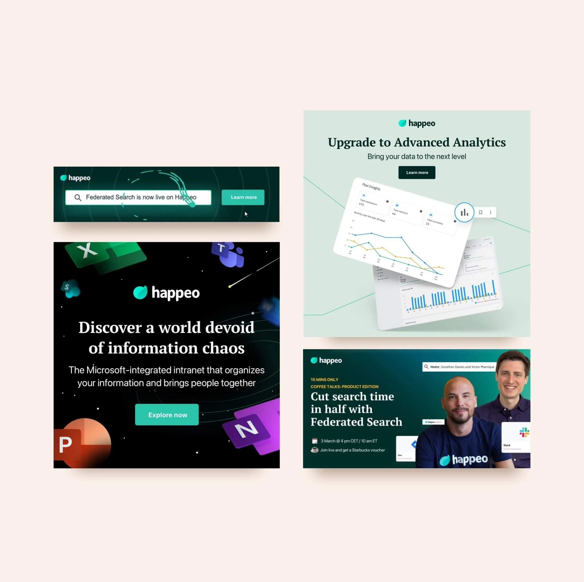 Collage of digital marketing and analytics promotional graphics, including phrases like "Upgrade to Advanced Analytics," "Discover a world devoid of information chaos," and images of graphs and charts, with people and logos of Happeo and Microsoft PowerPoint.