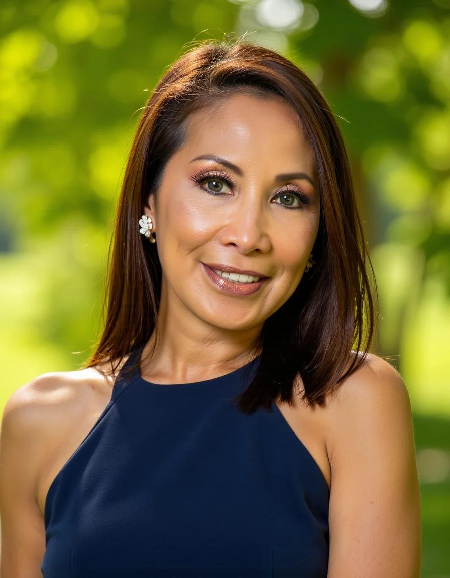 A woman with shoulder-length brown hair, wearing makeup and pearl earrings, smiles at camera in a sleeveless navy blue top with a green outdoor background.