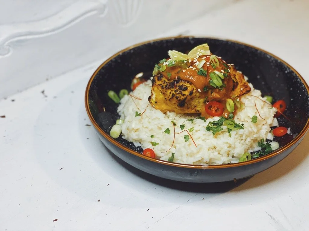 Chicken satay with coconut rice