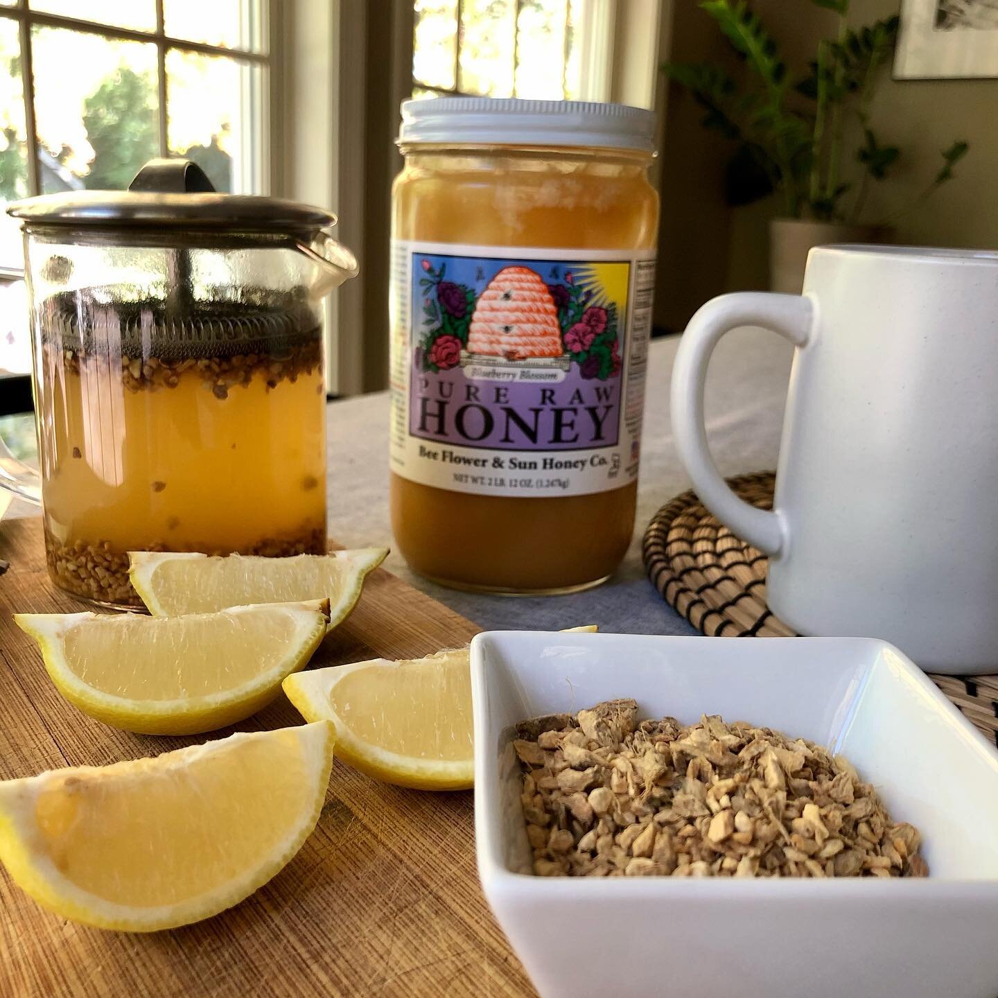 The cooler weather has me craving ginger tea with raw honey and lemon. I&rsquo;m a fan of intense ginger flavor so I brew a hefty scoop of organic ginger root, add some raw honey and the juice of a lemon. 

Ginger is warming and moves things that are