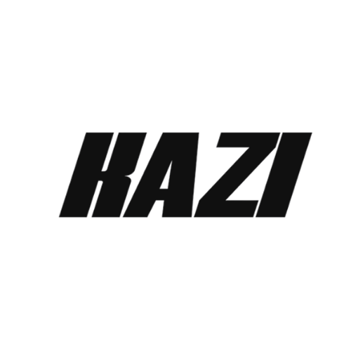 Black text spelling 'KAZI' in bold, uppercase letters on a dark background.