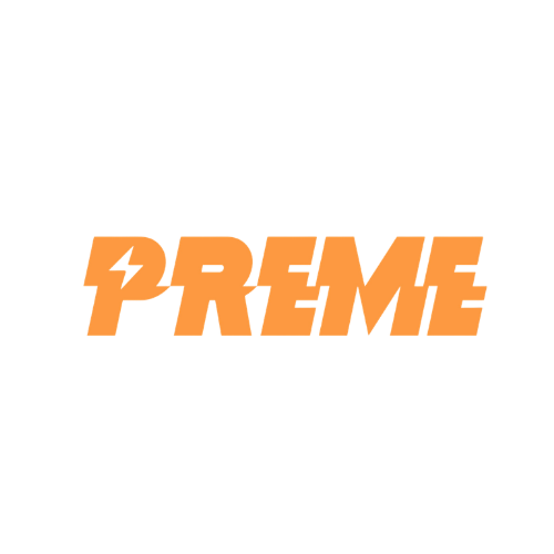 Bold orange text saying 'PREME' with a lightning bolt symbol replacing the 'E' on a black background.