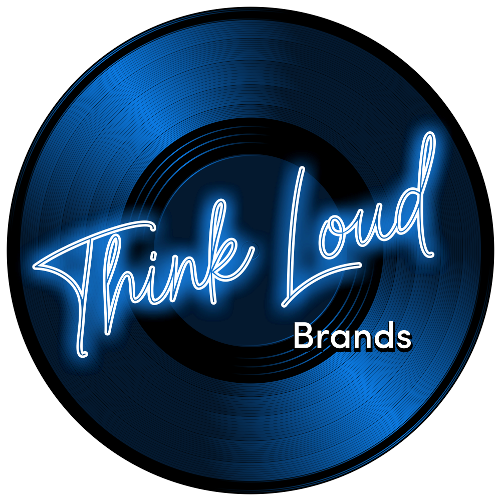 Neon sign with the words "Think Loud" in cursive and "Brands" in block letters, set against a dark circular background with concentric circles.
