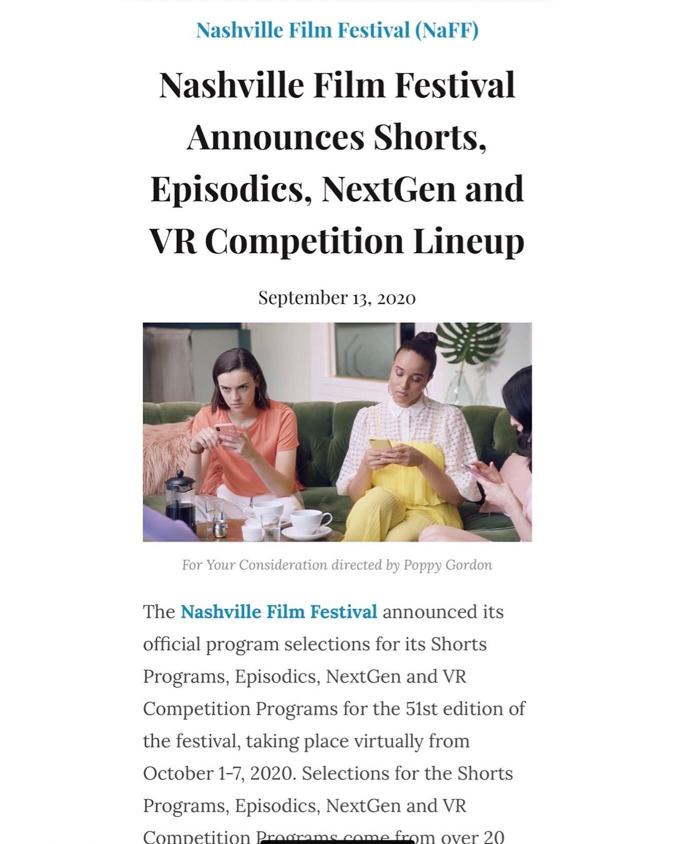 Thank you @nashfilmfest for including For Your Consideration into your prestigious shorts program! We couldn&rsquo;t be more thrilled. Check their site for updates on how to watch our film. The festival is oct. 1-7th. 🙏❤️🍀 @mr_roberttorres @vimooz