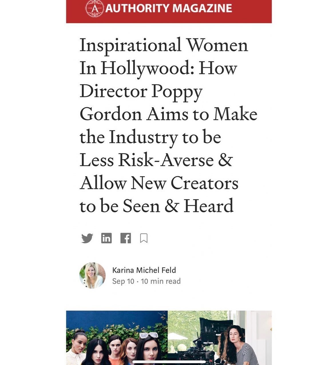 Thank you Authority Magazine and Karina Feld for including Poppy Gordon in a series highlighting the inspirational women in Hollywood. Check out the full interview if you have a minute. Link in bio. And for fb is https://linktr.ee/Fycfilm