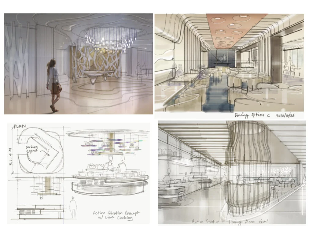 Sketches for a hotel restaurant in Sanya, China. Wavy, coral forms and boat like inspired structures reflect the locality.