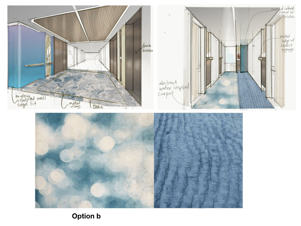 A yacht inspired detailing permeates the typical corridor and elevator lobby with the help of sand and ocean abstraction for the carpet design.