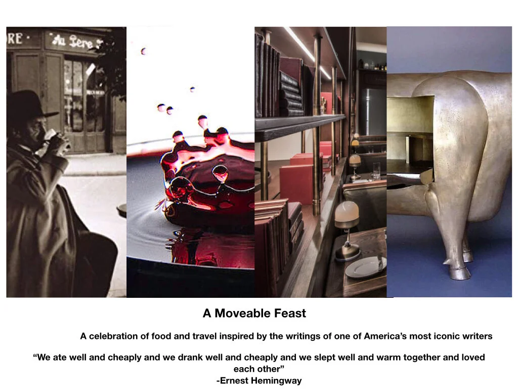 Inspiration board for a steakhouse restaurant. The narrative explores Ernest Hemingway’s Culinary adventures in Paris.