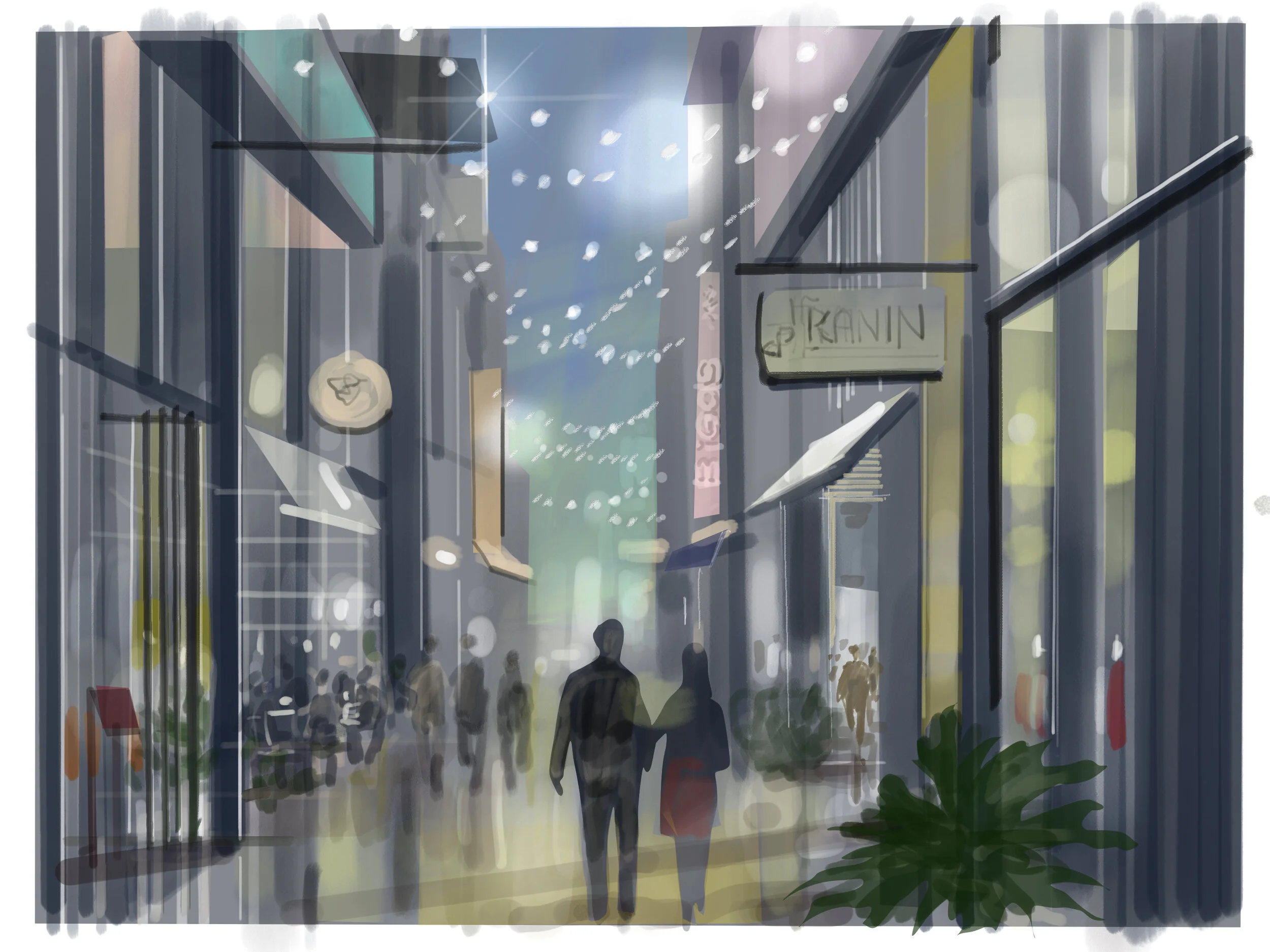 A concept sketch of a retail/F&B alley. Storefronts open up creating a seamless inside outside experience.