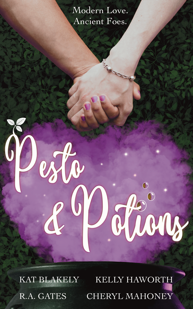 The cover of Pesto & Potions by various authors. Two hands are clasped above a heart-shaped billow of purple smoke above a cauldron. An exciting paranoral lesbian romance!