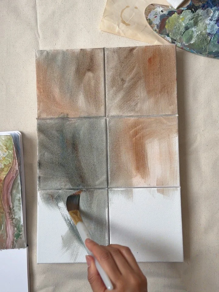 And everything starts to connect ~ before it spreads apart again: 

Mosses don&rsquo;t have roots, but they spread expanding into larger territories through fragments. These six paintings (slide 1) connect together while still standing strong on thei