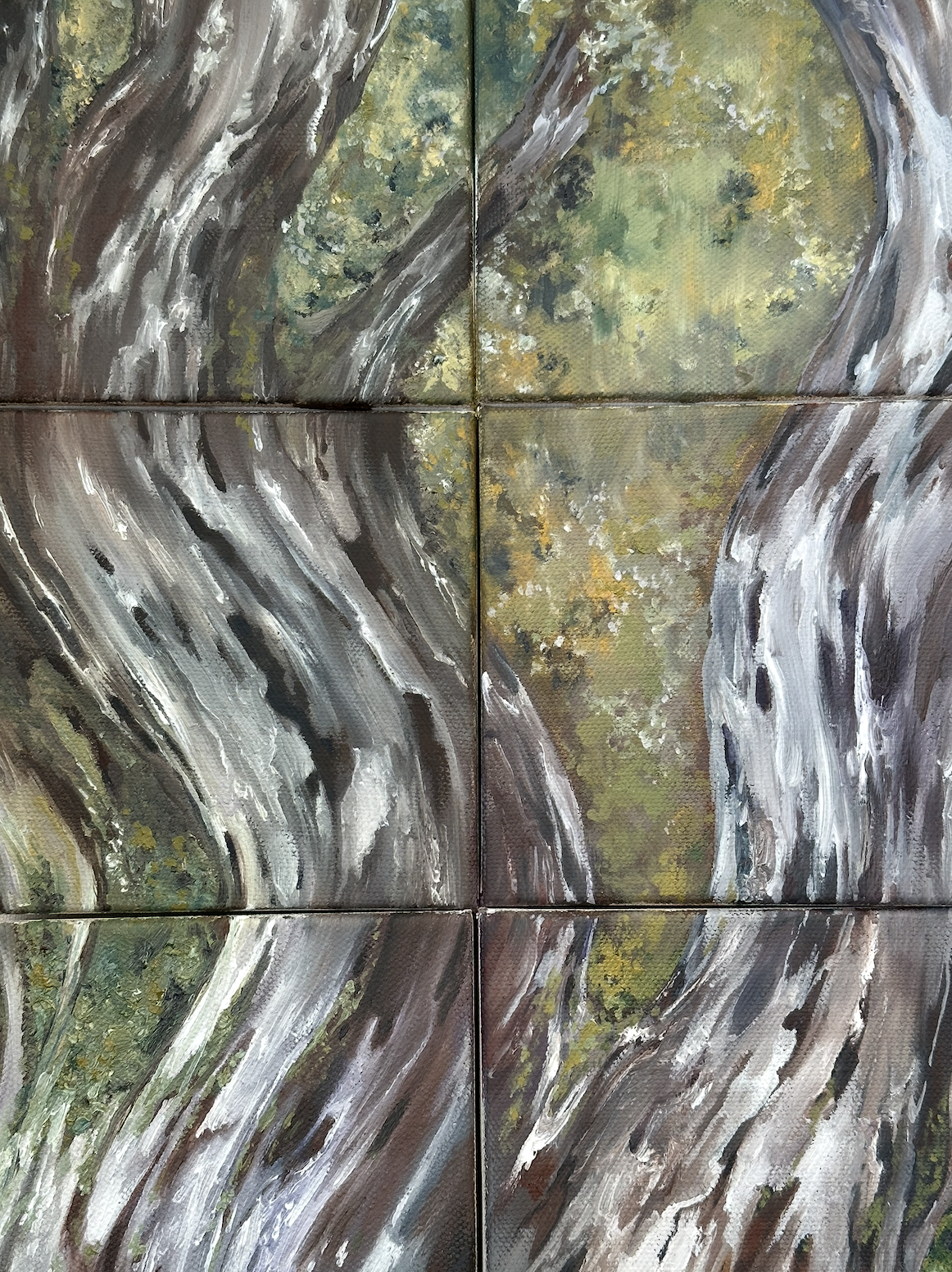 A painting of a large tree with twisting branches and green foliage, divided into six square sections.