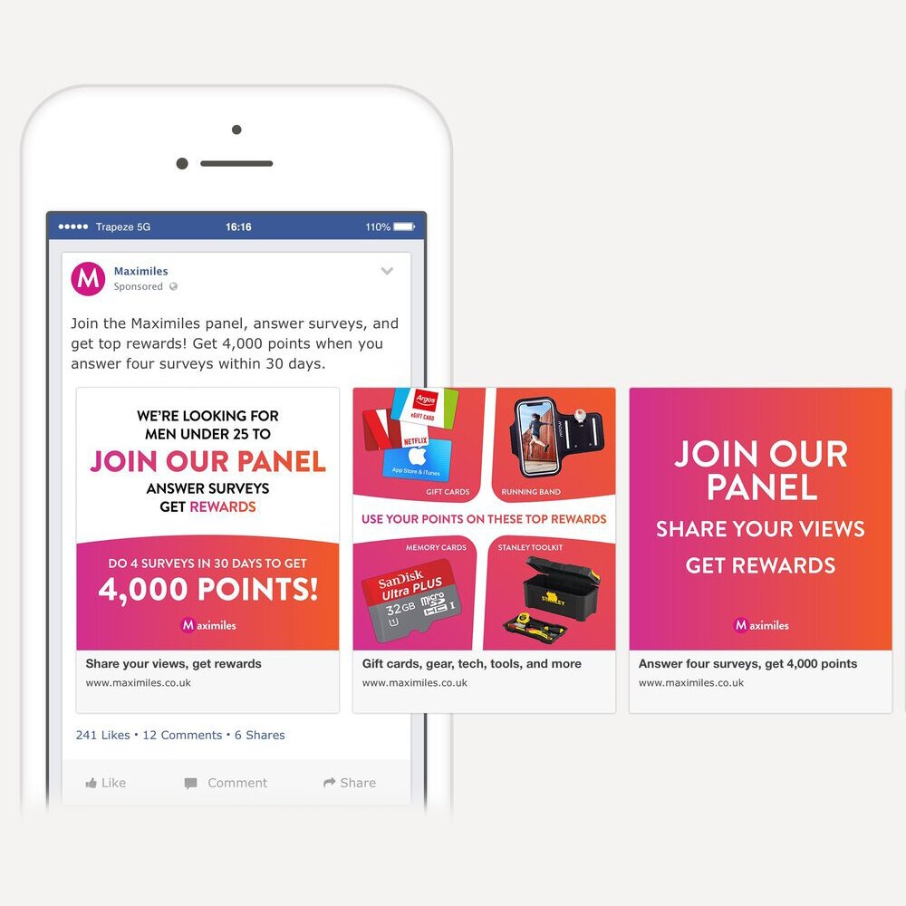 Paid ad carousels for survey website Maximiles, helping them reach newer, younger demographics.