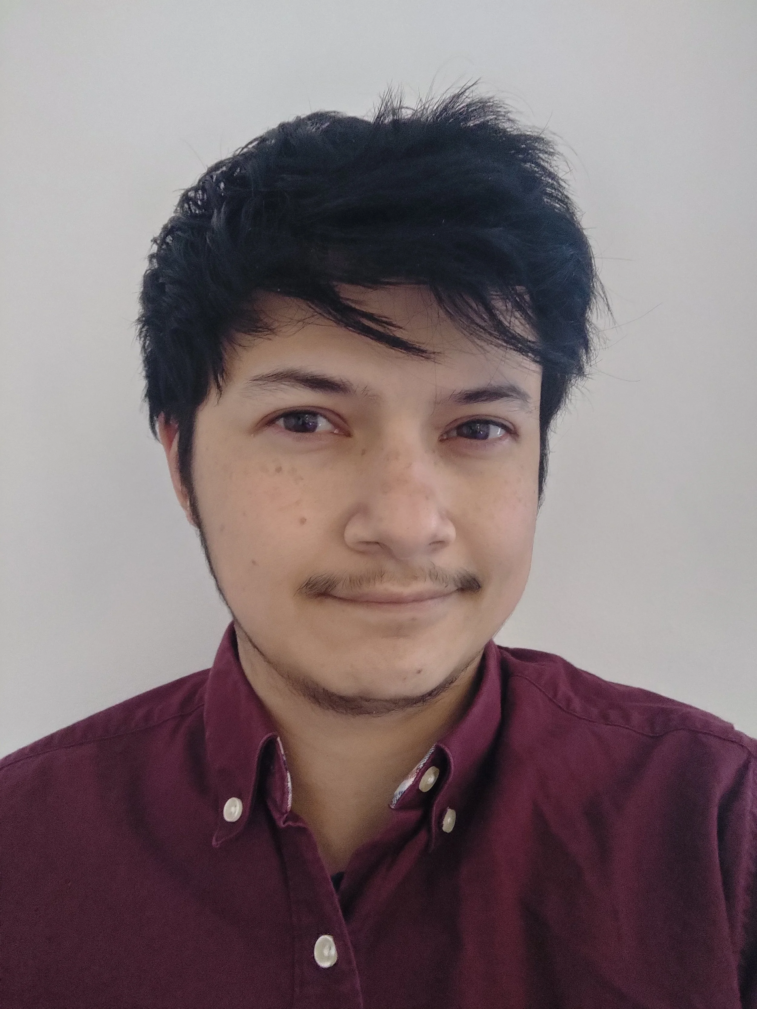 Photo of a person wearing a burgundy shirt smiling at the camera.