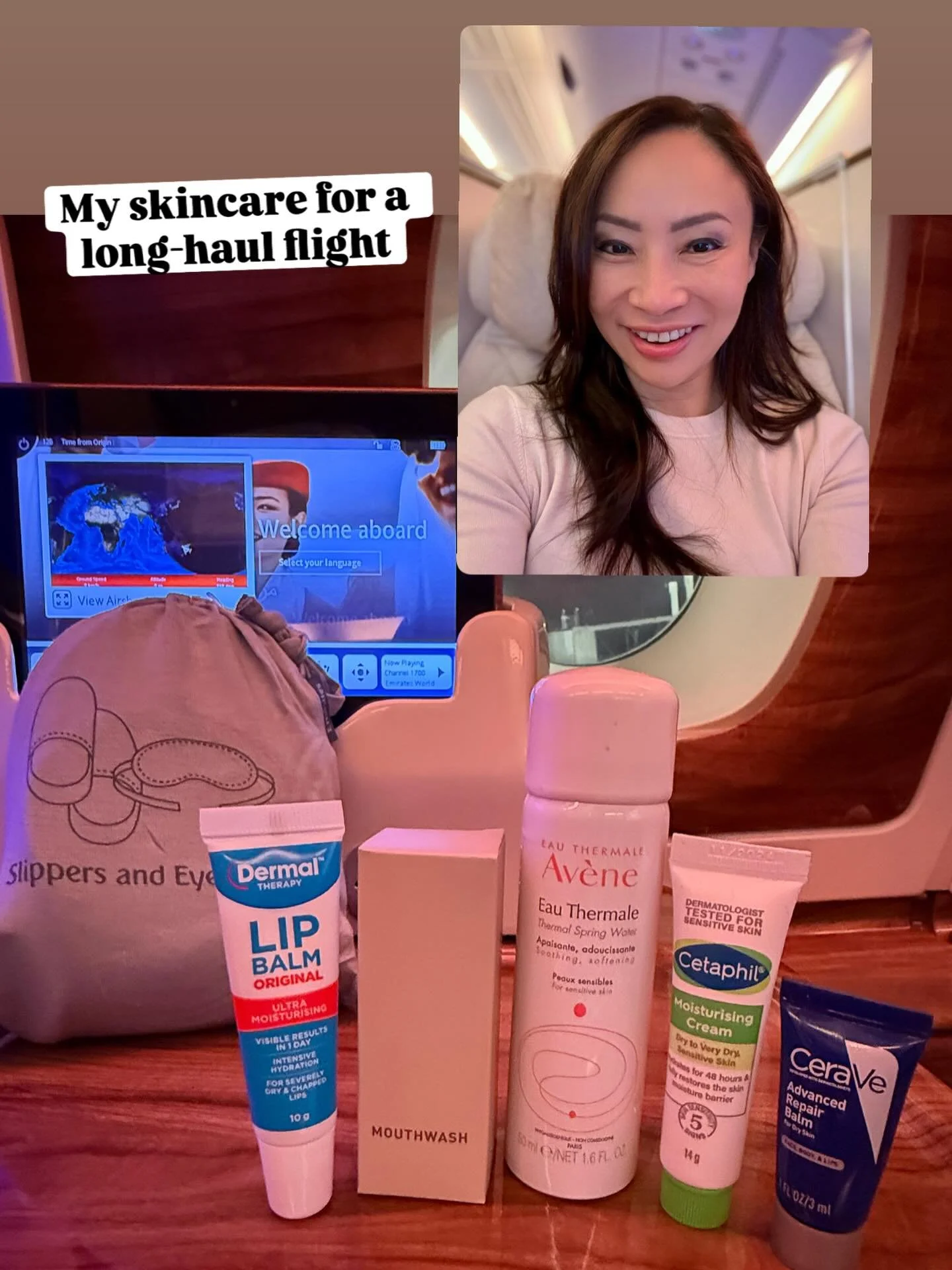 Requests to post my long-haul flight skincare - here it is. 

I always have the smallest sized products as much as I can to reduce the footprint in my handbag. 

@avene thermal spring water mist spray is my must-have for inflight skin hydration. When