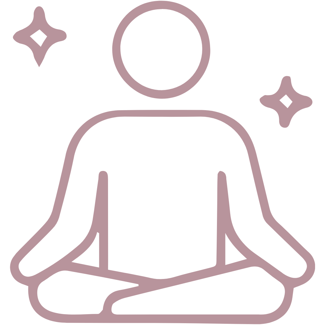 Minimalist line drawing of a person sitting in a meditation pose with legs crossed and hands resting on knees, surrounded by sparkles.