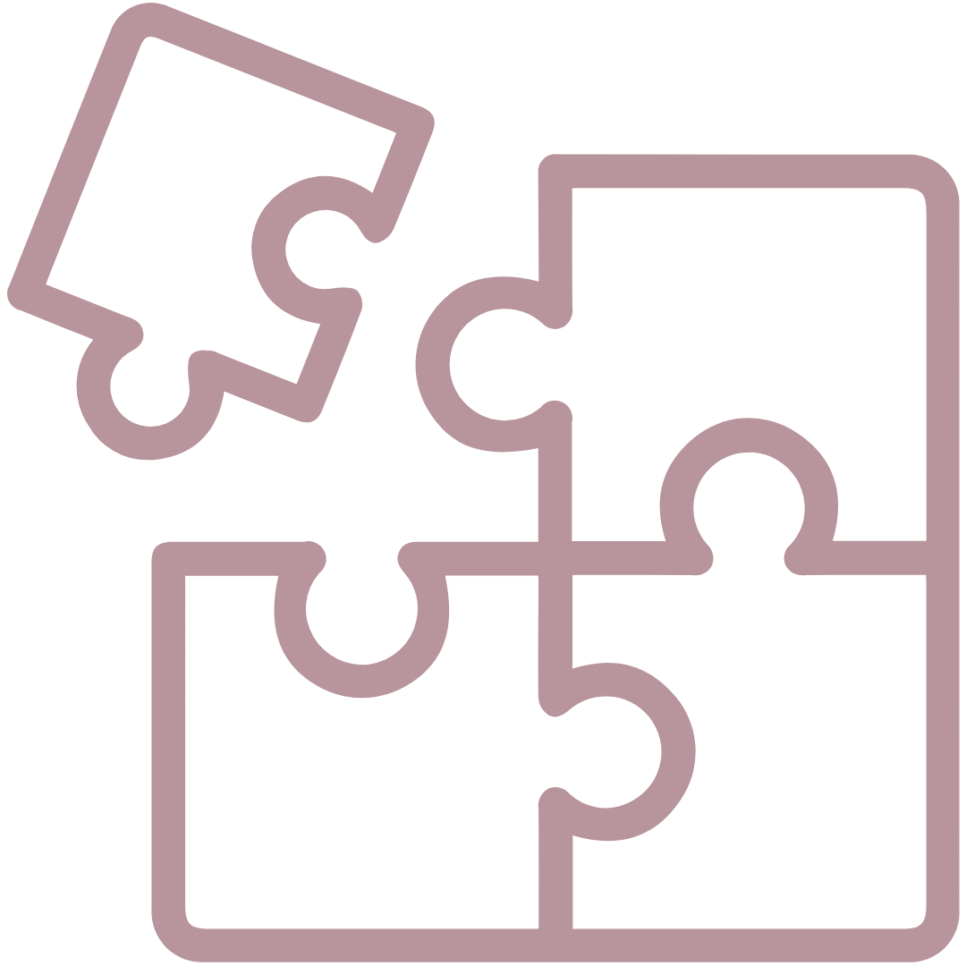Outline of a puzzle with four interconnected pieces, two of which are detached.