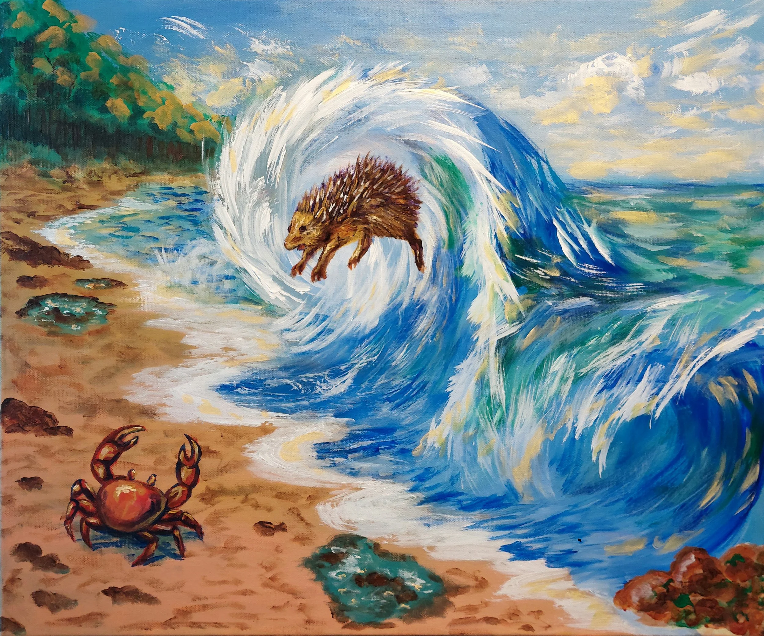 The Tenrec and the Tide - 
Long ago in the Seychelles, when animals listened to the sea, Tenrec lived safely among dry leaves in the forest. Small and spiky, he feared the ocean—but he was curious.
Each day he watched Crab walking along the shore, sl