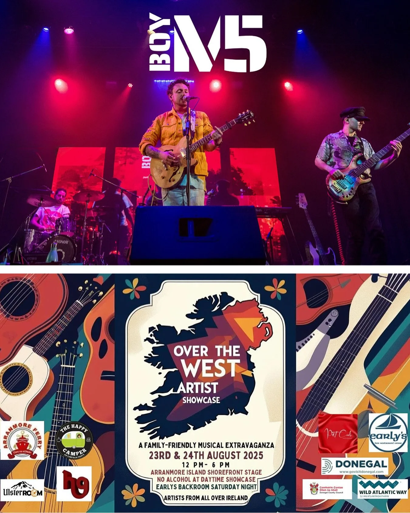 Surprise island show 🌊🎸
We&rsquo;re hopping on the ferry to Arranmore tomorrow (Sat 23 Aug) for Over The West || Artist Showcase.
Daytime: Shorefront Stage, 12&ndash;6pm (set time TBC) family-friendly (no alcohol).
Bring the kids, bring the craic, 