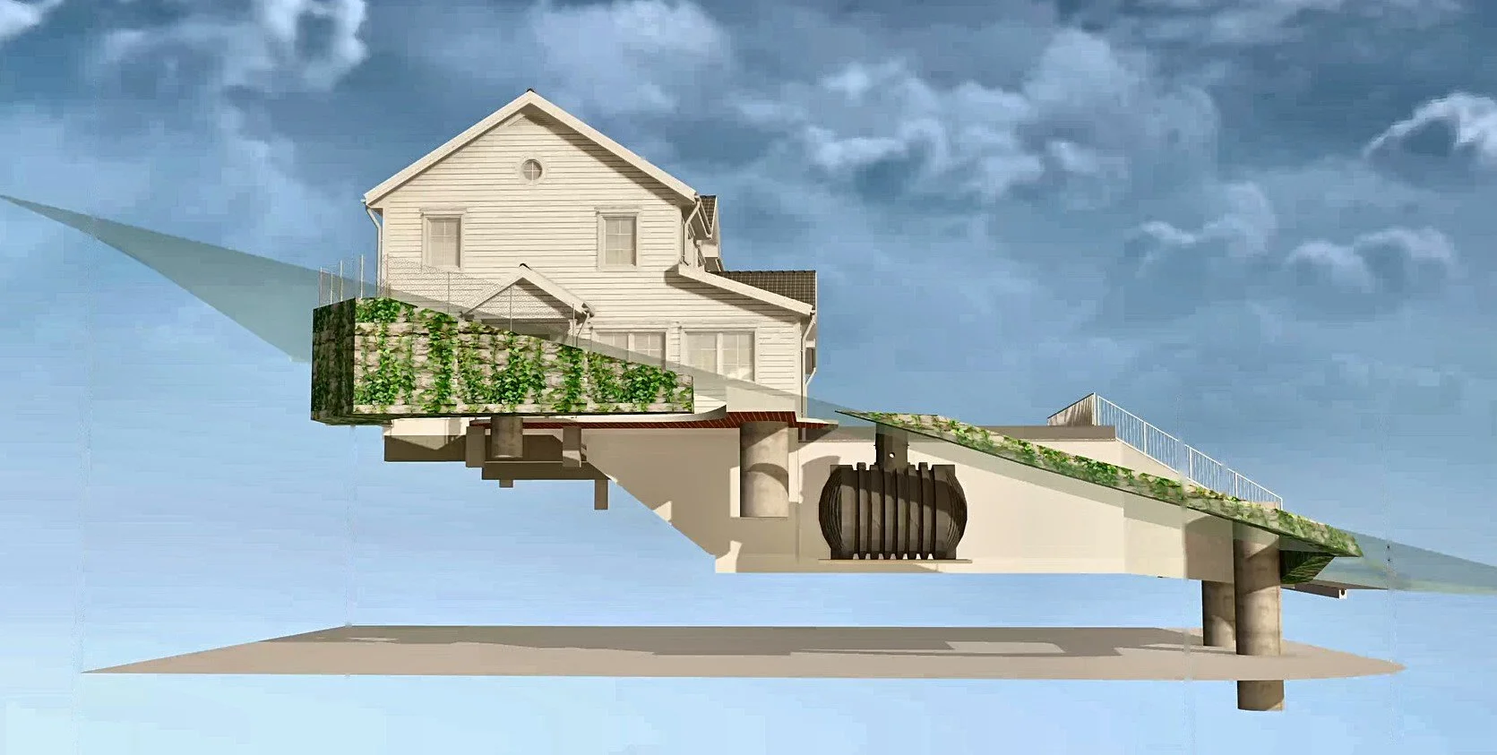 chnitt aus der 3D-Planung: Haus auf Bodenplatte, davor Garage und Technikraum unter dem Garten