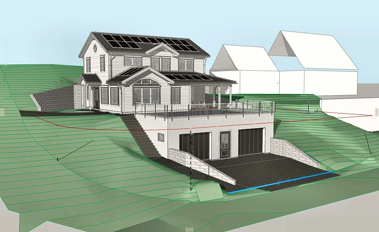 Frühe Visualisierung mit Keller und Garage im Hang, Planungsphase November 2024