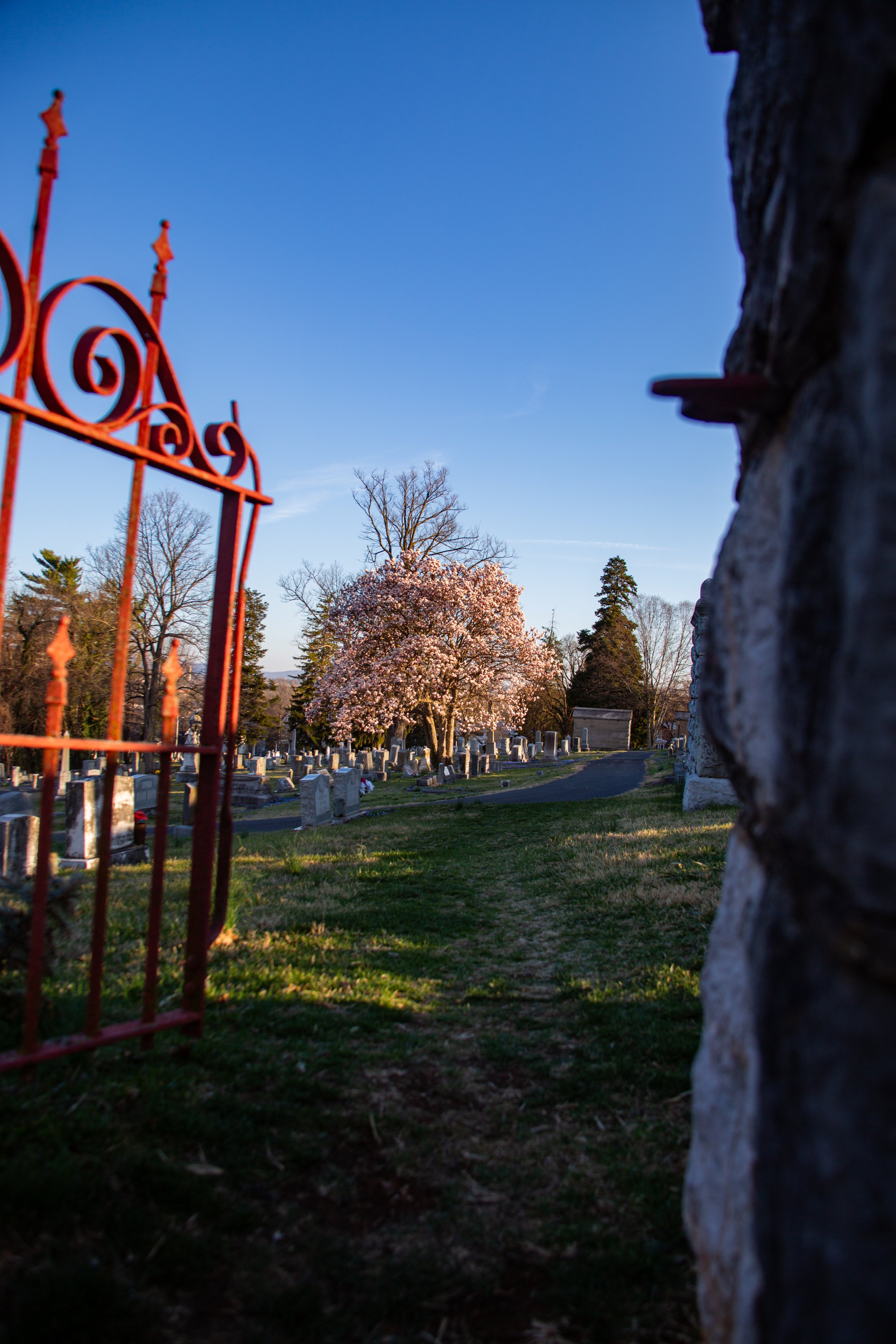 An entrance to Woodbine Cemetery in Harrisonburg, Virginia.