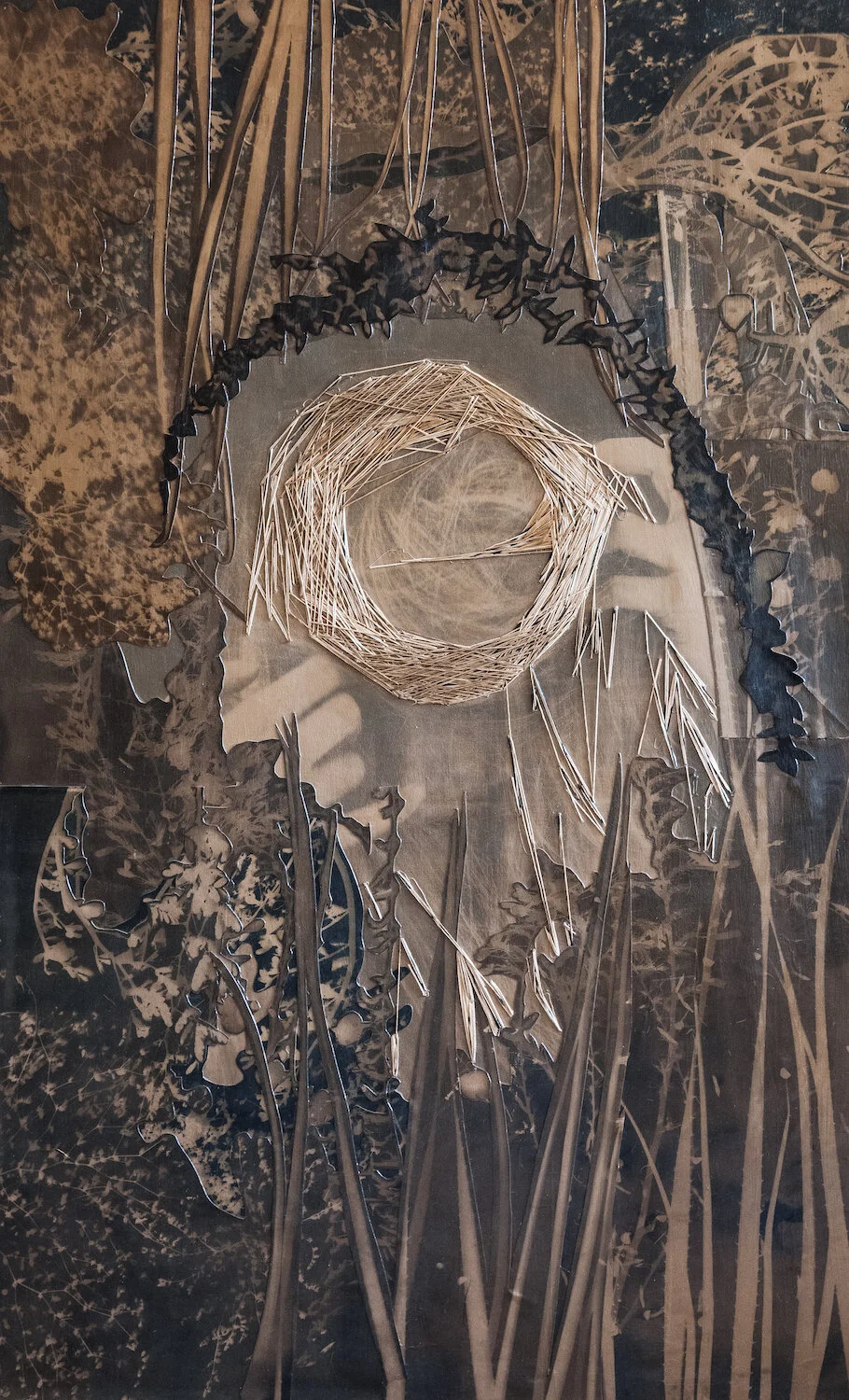 THIS is Natures nest of Boxes (2018), 30” x 48”, cyanotype, natural dye, paper, cotton thread on canvas