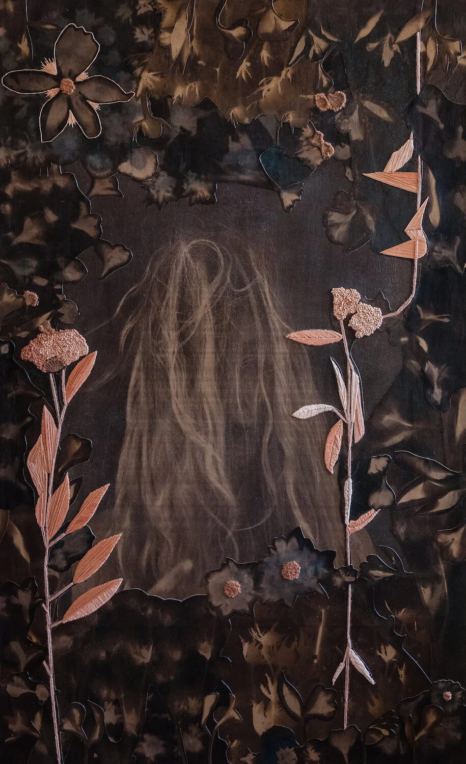 Life Impregnated with Death (2019), 30” x 48”, cyanotype, natural dye, paper, cotton thread on canvas