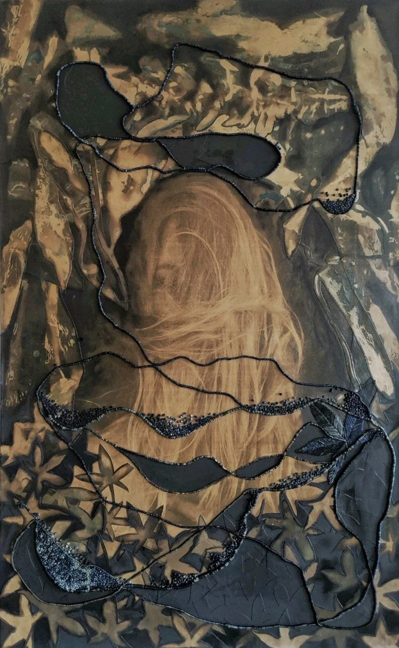 Passing Through (2020), 30” x 48”, cyanotype, natural dye, paper, cotton thread on canvas
