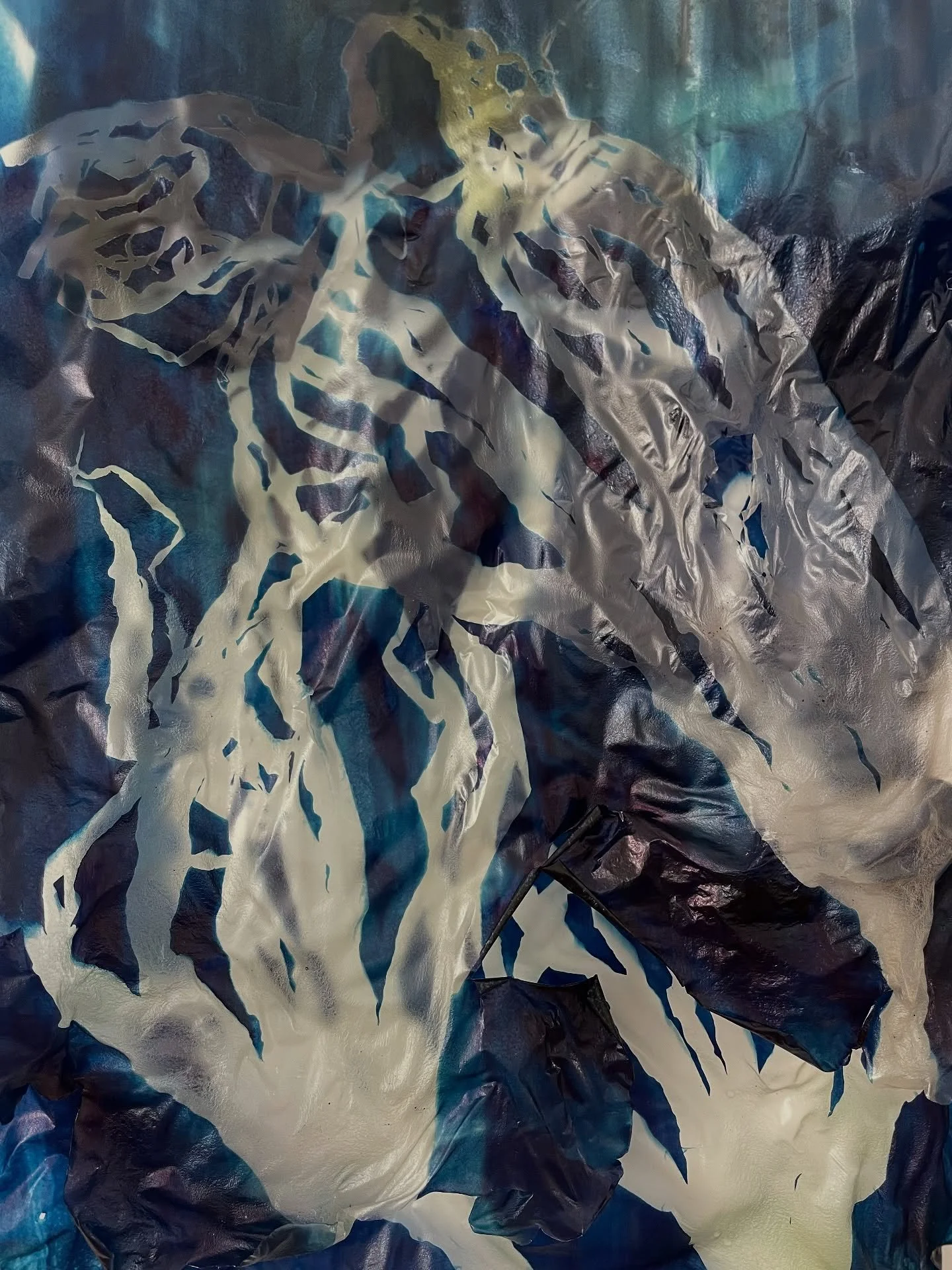 Intertidal (2025), 50 cm x 70 cm, cyanotype on algae-based bioplastic

Intertidal is the second piece completed during my virtual residency with @glogauair It is comprised of two layered sheets of agar-agar (algae) bioplastic. Although it is finicky,