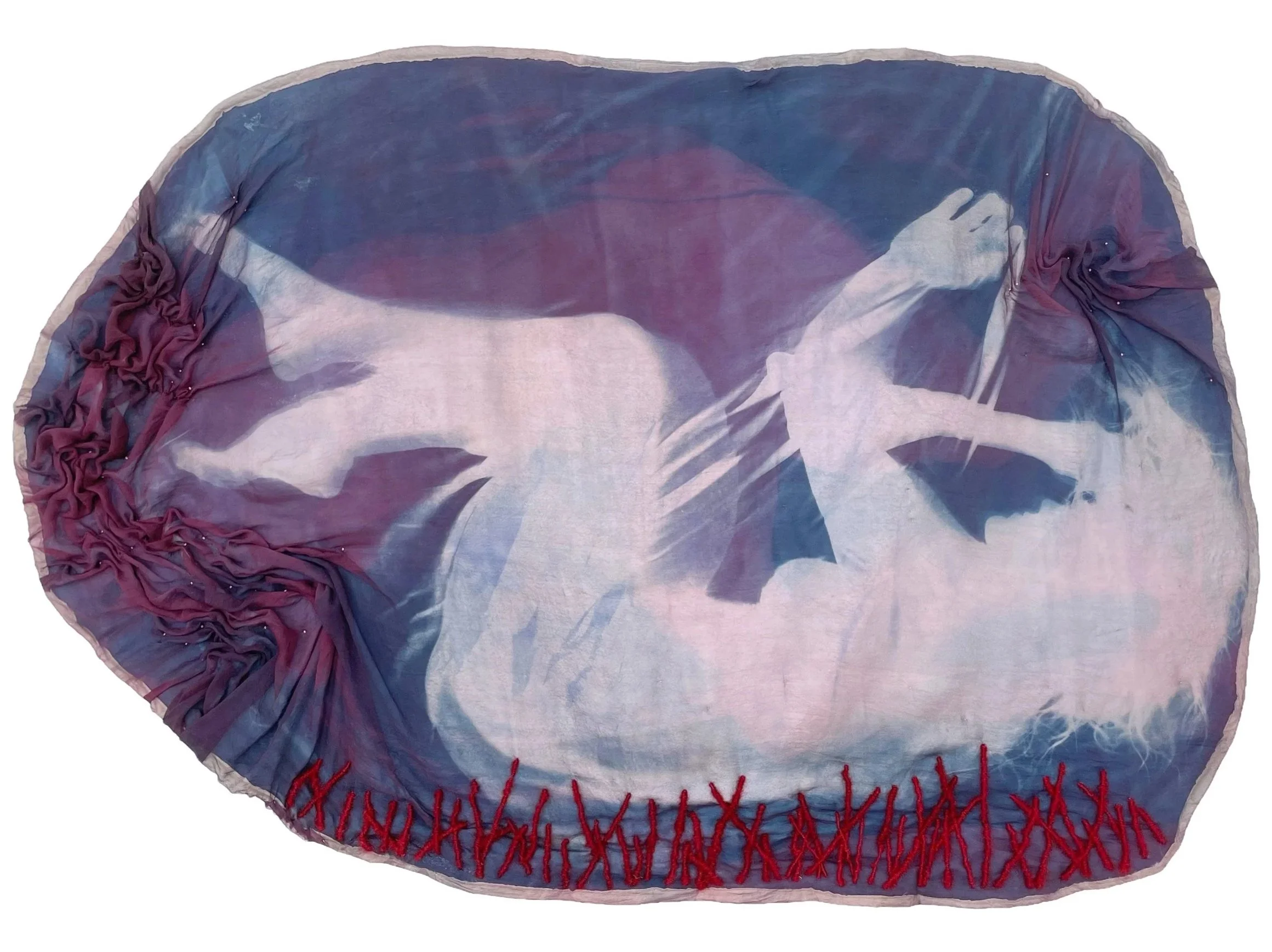 Sinking (2025), 148 x 103 cm, cyanotype, silk and cotton textiles, natural dye, cotton and mohair wool thread, polyester batting