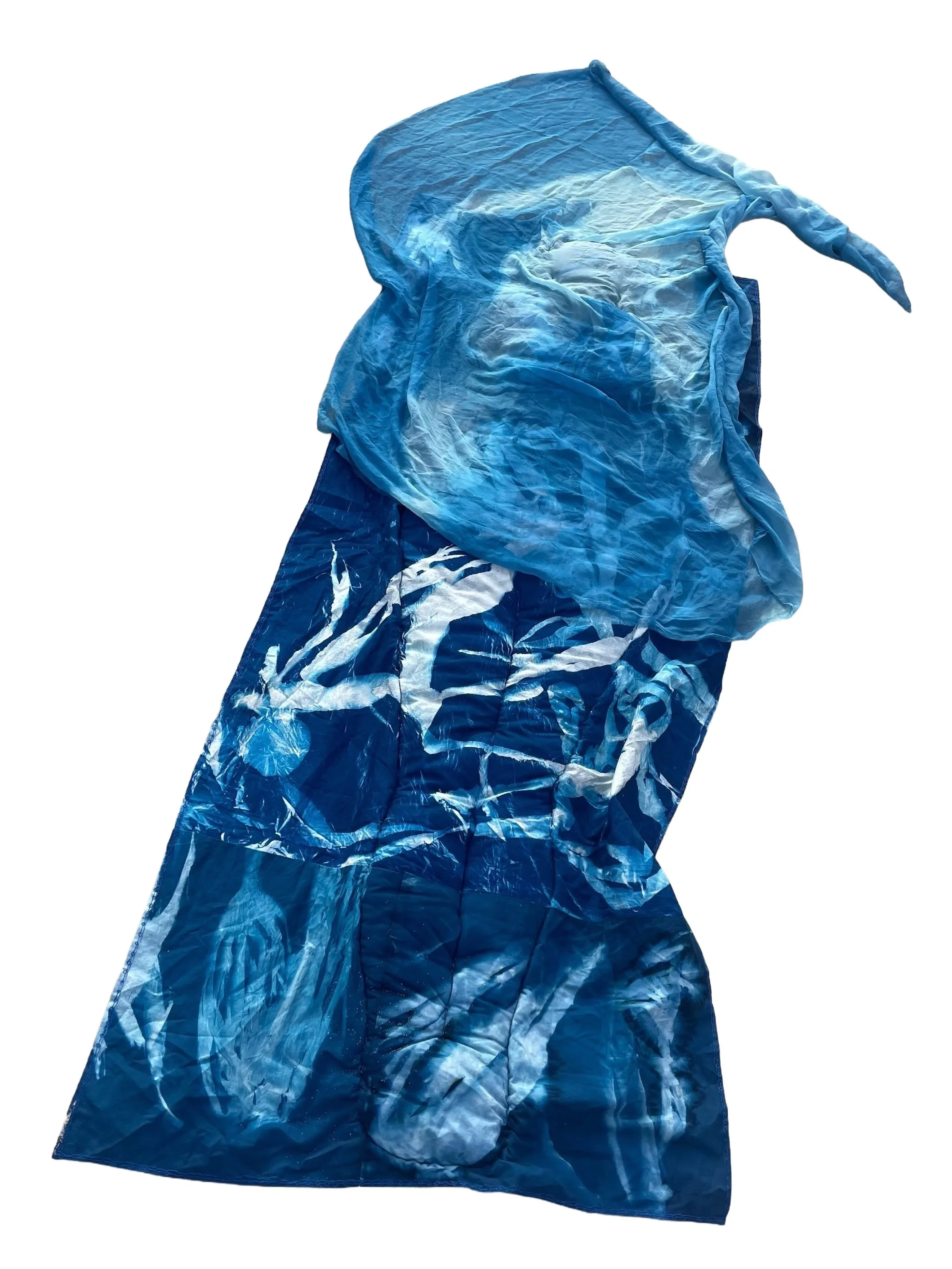 Luminescence (2024), 91 x 254 cm, cyanotype, silk and cotton textiles, cotton thread, polyester batting