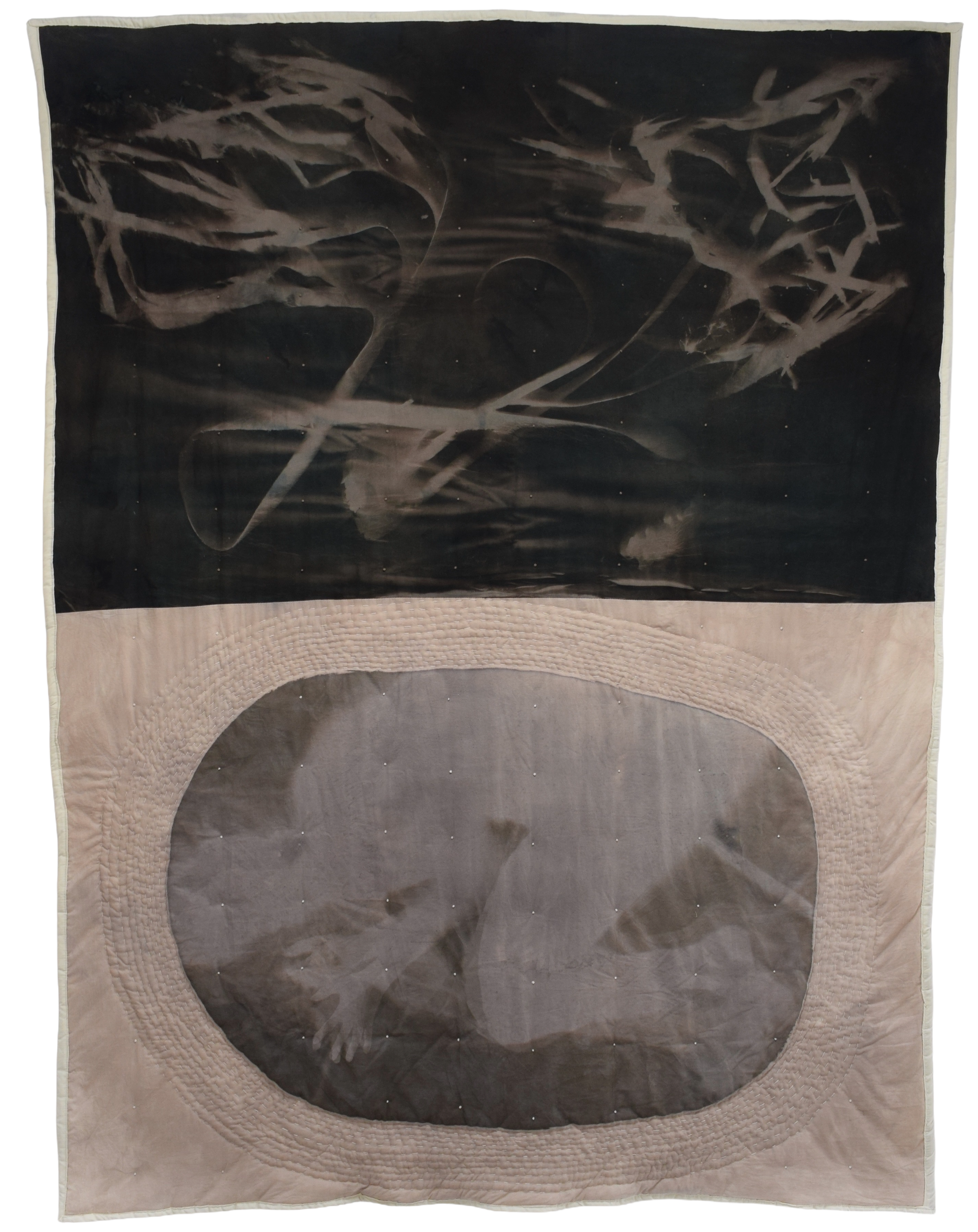 Spinning Away (2024), 179 x 230 cm, cyanotype, natural dye, cotton textiles, cotton thread, polyester batting