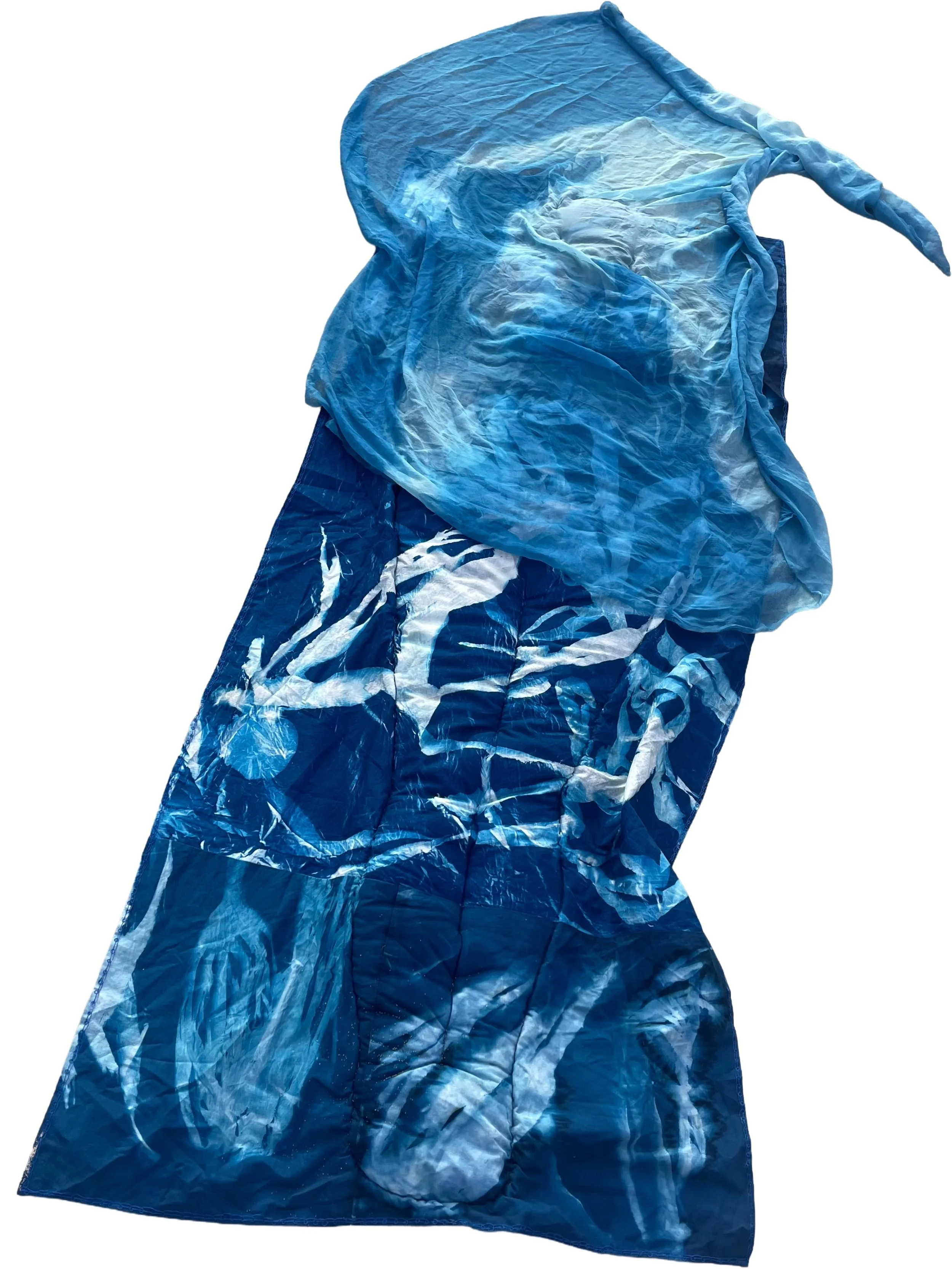 Luminescence (2024), 91 x 254 cm, cyanotype, silk and cotton textiles, cotton thread, polyester batting