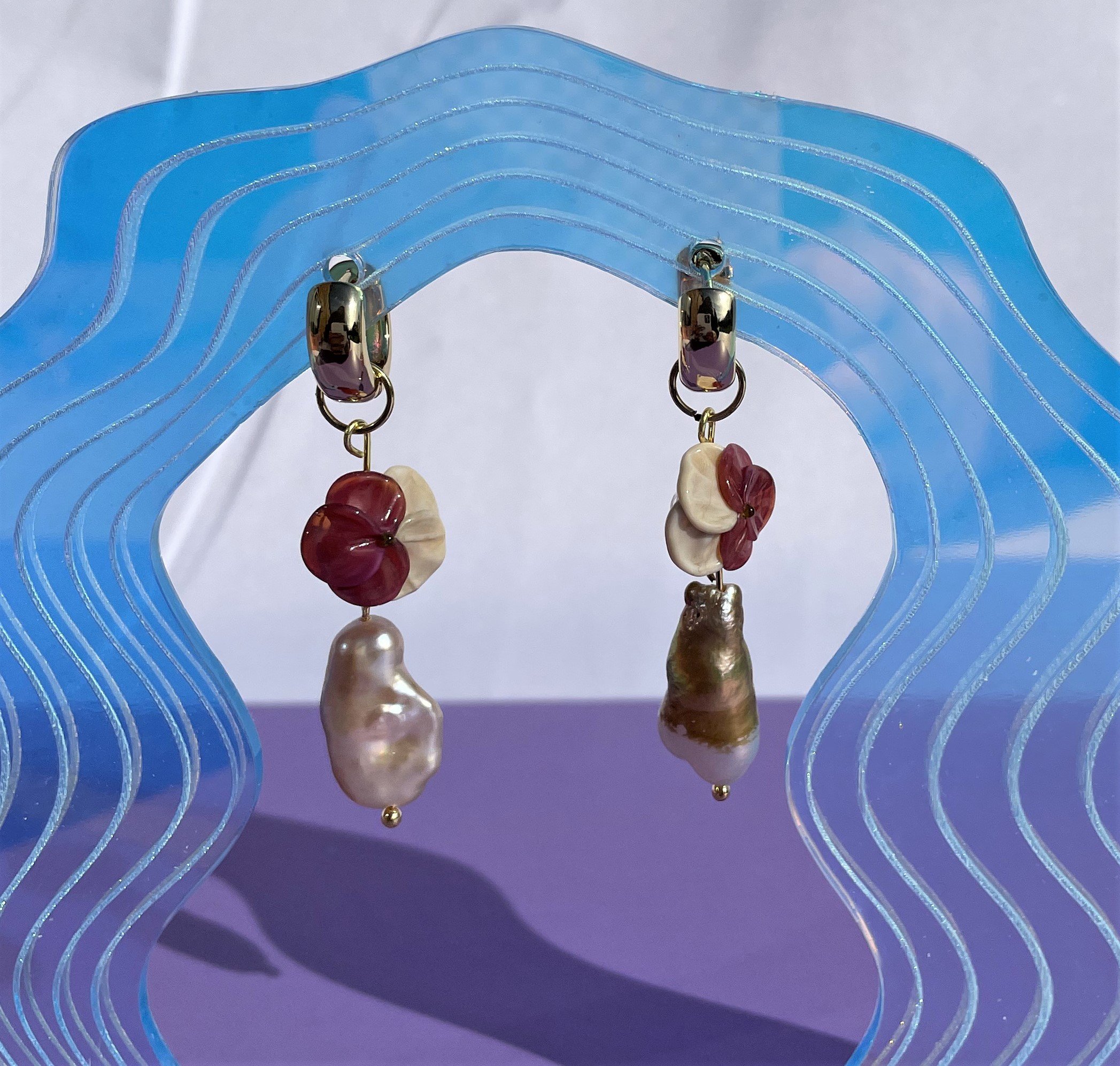 Pink Pearls and Pansy Earrings .jpg