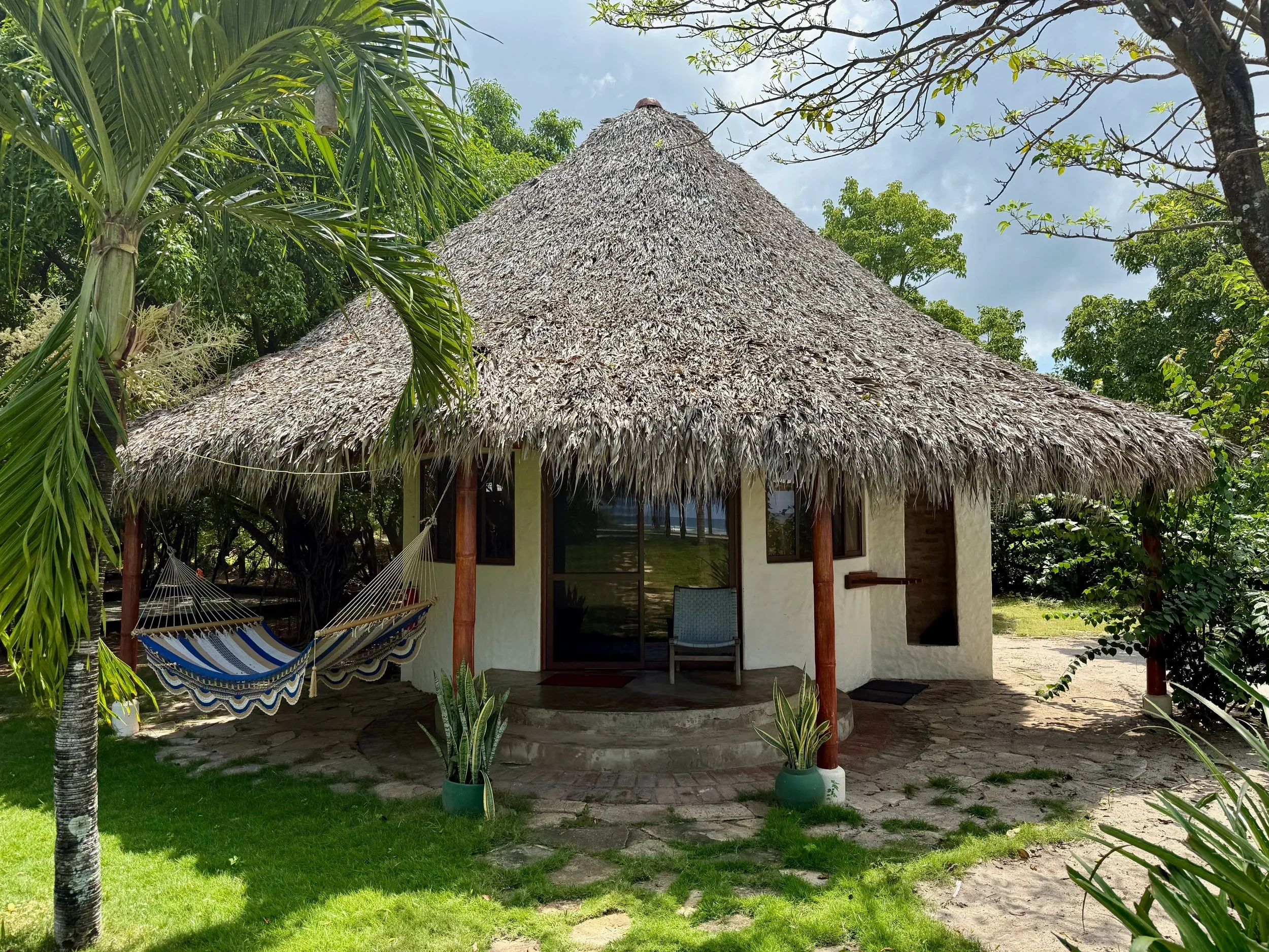 A small tropical hut with a thatched roof, surrounded by greenery and trees, with a hammock hanging outside.