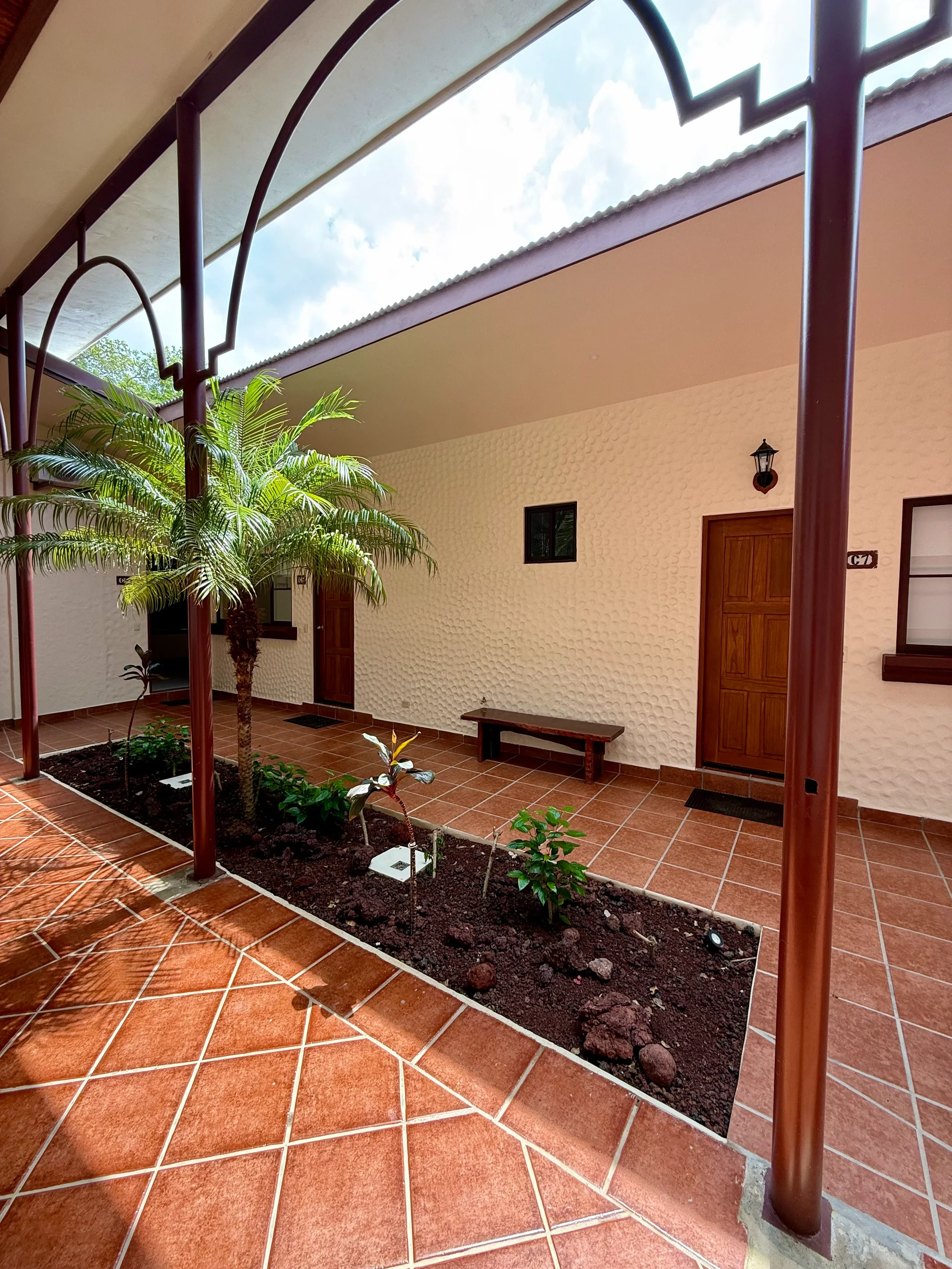 View of a courtyard patio with a small garden bed containing a palm tree and other plants, surrounded by terracotta tiles, with doors and windows on the building's beige textured wall in the background.