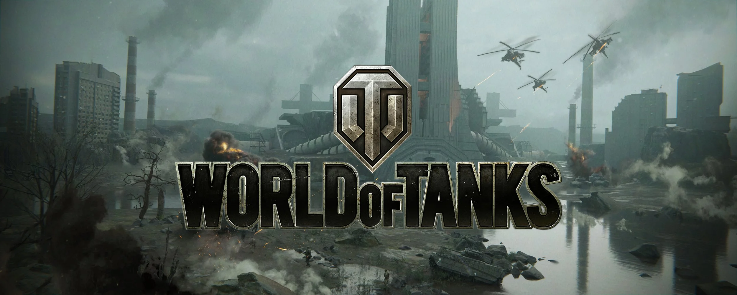 Dark, post-apocalyptic cityscape with damaged buildings and helicopters flying overhead. Smoke rises from the destruction, with the title 'World of Tanks' and its logo prominently displayed in the center.