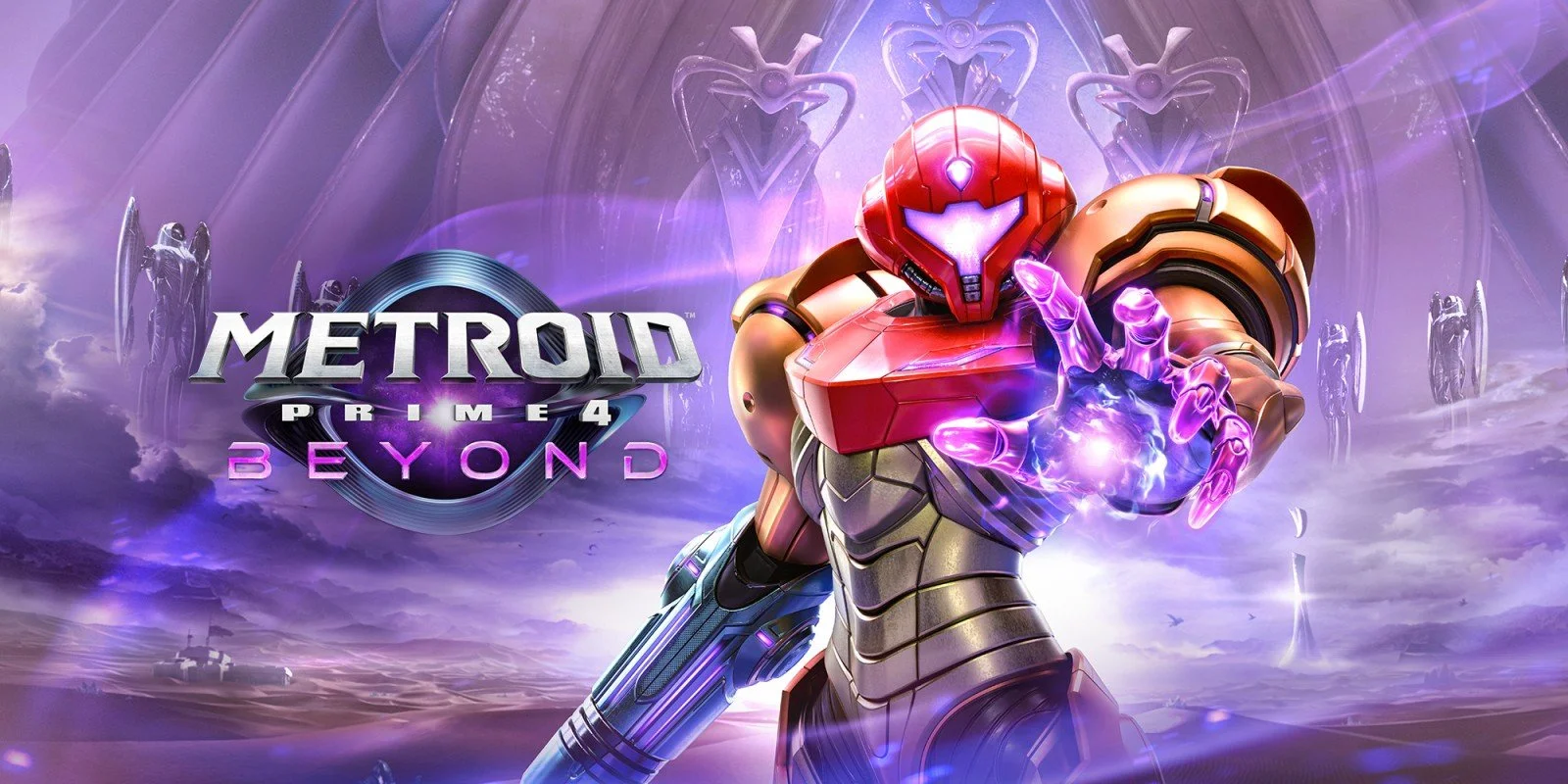 Cover art for the video game 'Metroid Prime 4: Beyond' featuring Samus Aran in her Power Suit with a glowing purple energy in her hand, futuristic background, purple and pink hues.