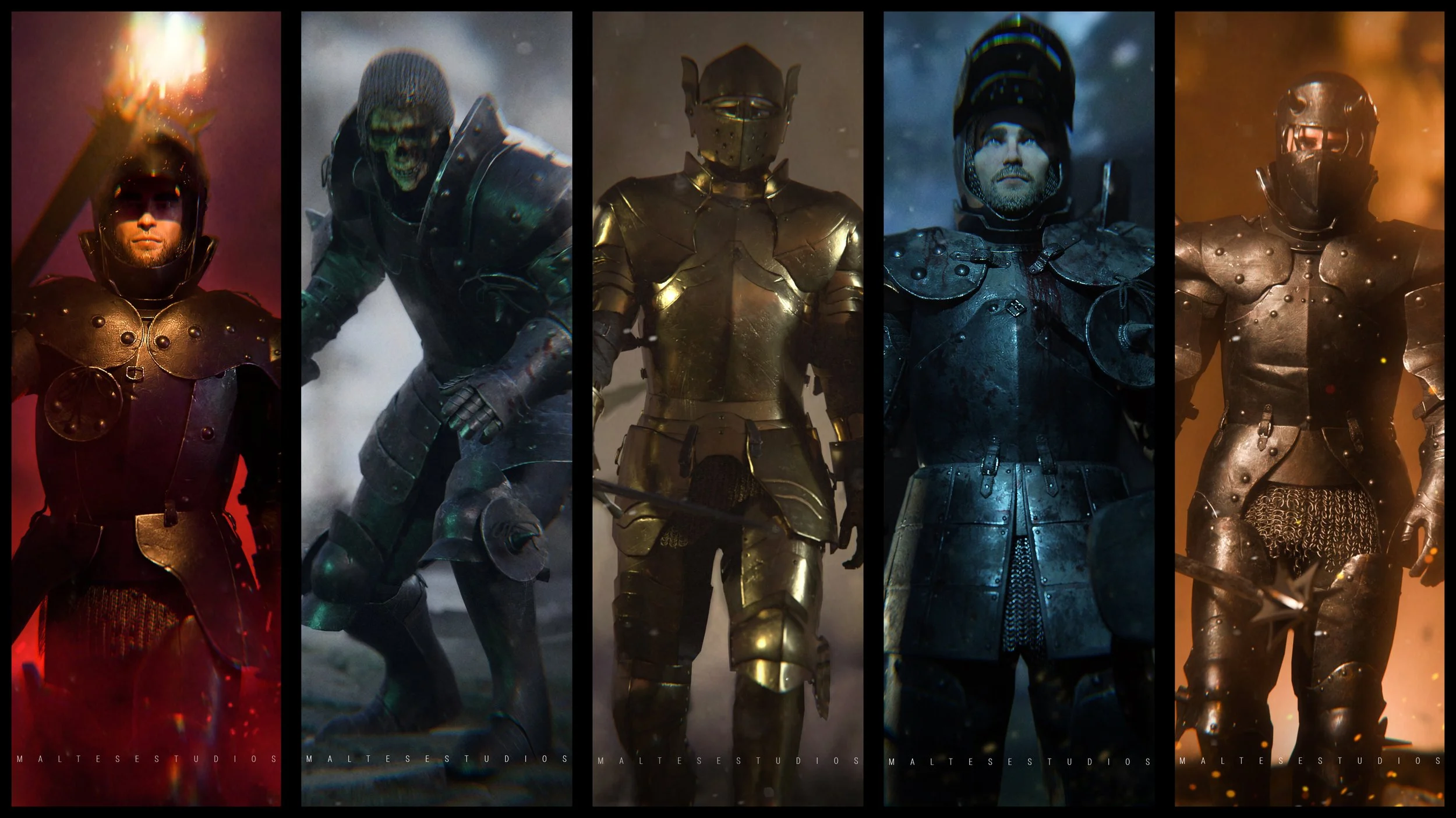 Five characters dressed in medieval armor and costumes, each standing in a different dramatic background, representing different warriors or medieval knights.