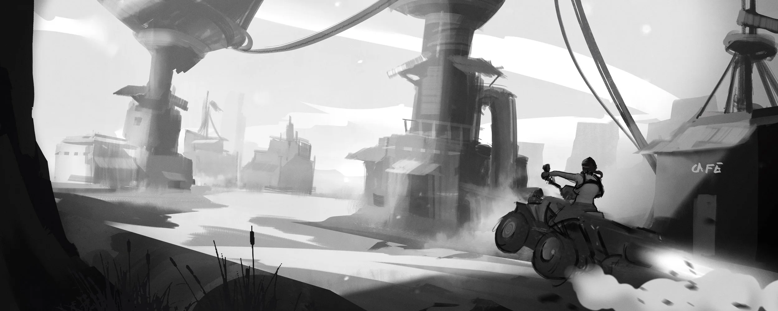 A futuristic cityscape in grayscale with towering structures and a person on a jet-powered motorcycle riding through a street near a cafe.