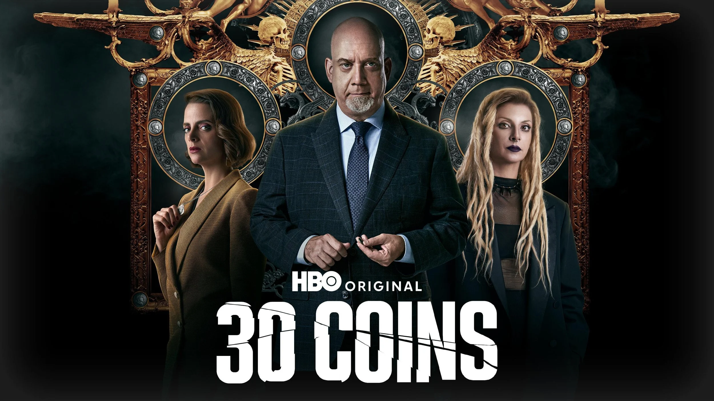 Poster for HBO original series 'QI Society' featuring three characters in dark clothing, with a central bald man with a goatee and two women, one with short brown hair and the other with long blonde dreadlocks, against a dark background with skulls a
