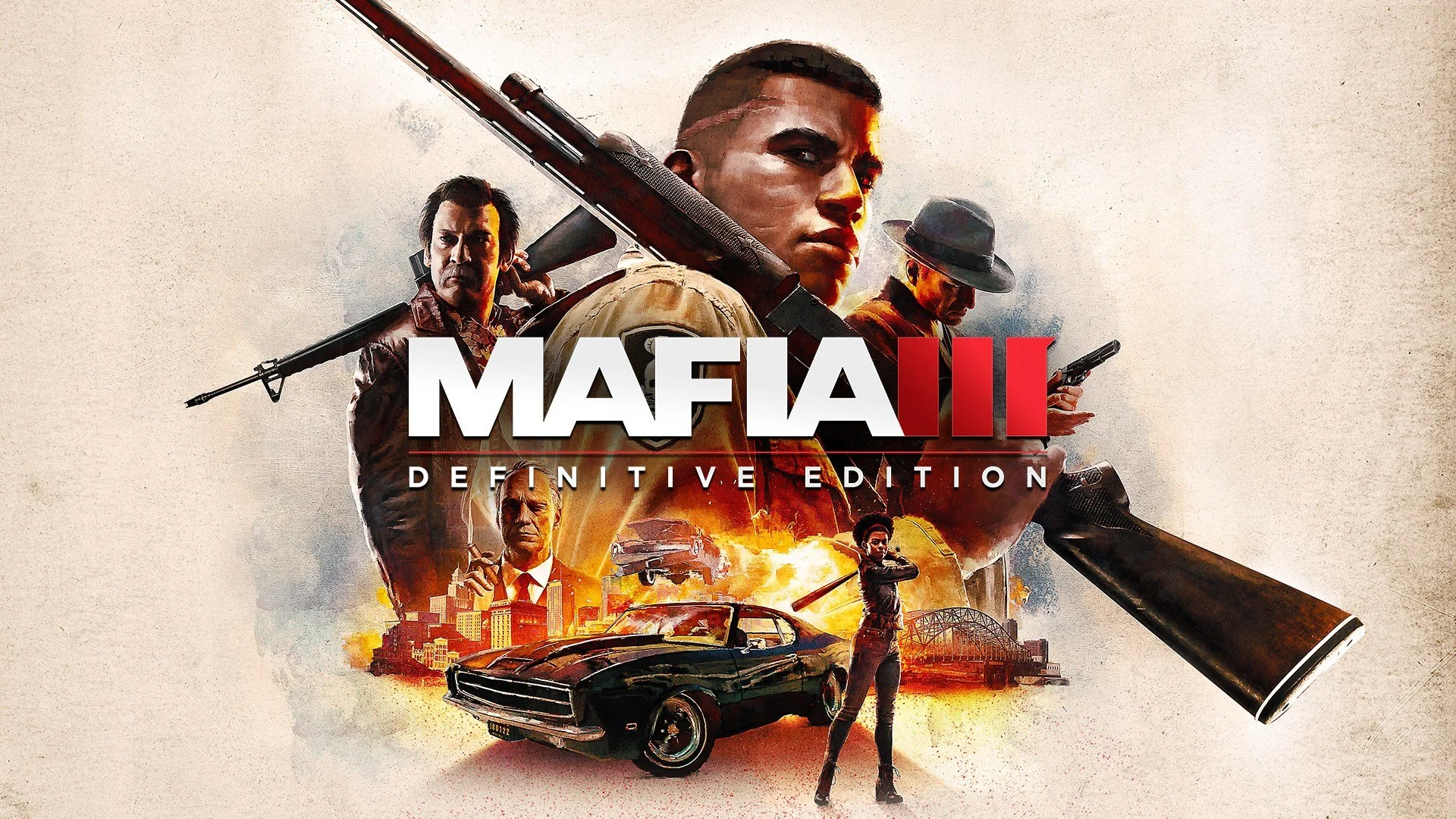 Promotional poster for Mafia II Definitive Edition video game featuring characters with weapons, cars, and urban cityscape in background.