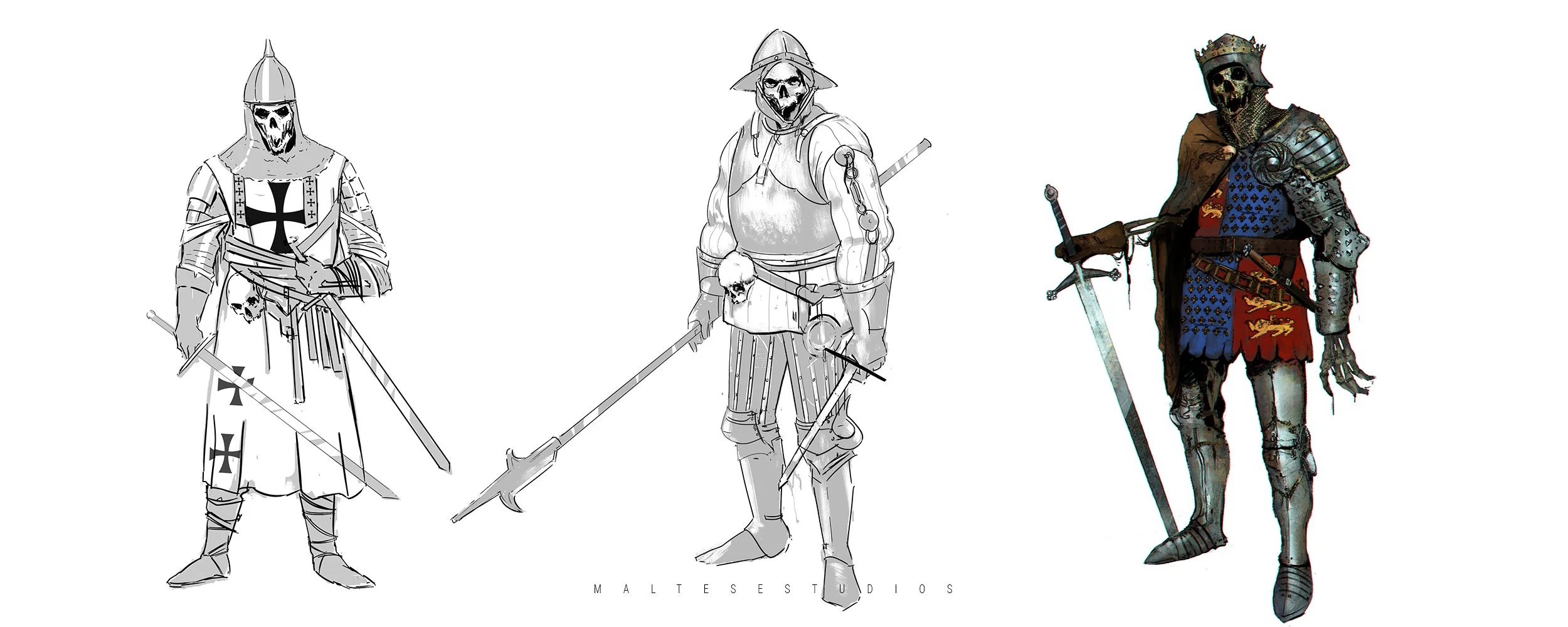 Three illustrations of skeleton warriors dressed as medieval knights and soldiers, with swords and armor.