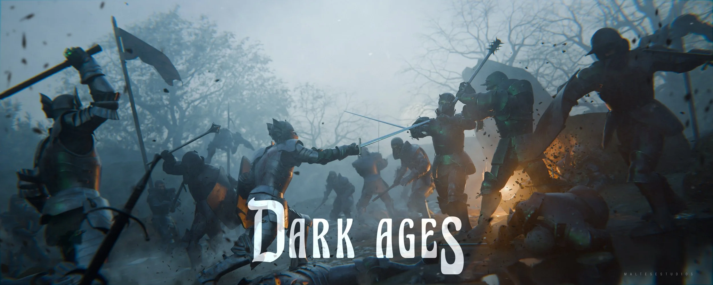 A fantasy battle scene with armored warriors fighting with swords and shields in a dark, foggy forest, with the text 'Dark Ages' overlayed.